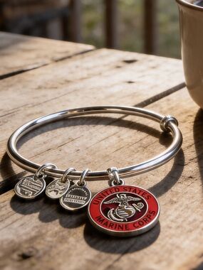 Alex and Ani Silver Bangle Bracelet with Red United States Marine Corps Charm
